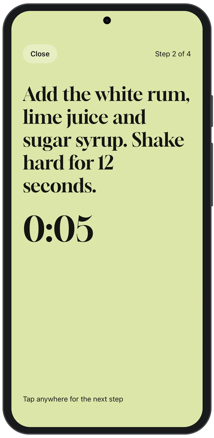 Making a Daiquiri: one step in large type with its shaking timer