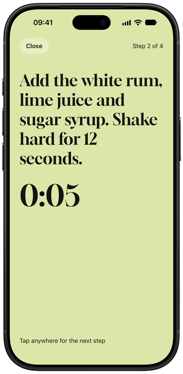 Making a Daiquiri: one step in large type with its shaking timer