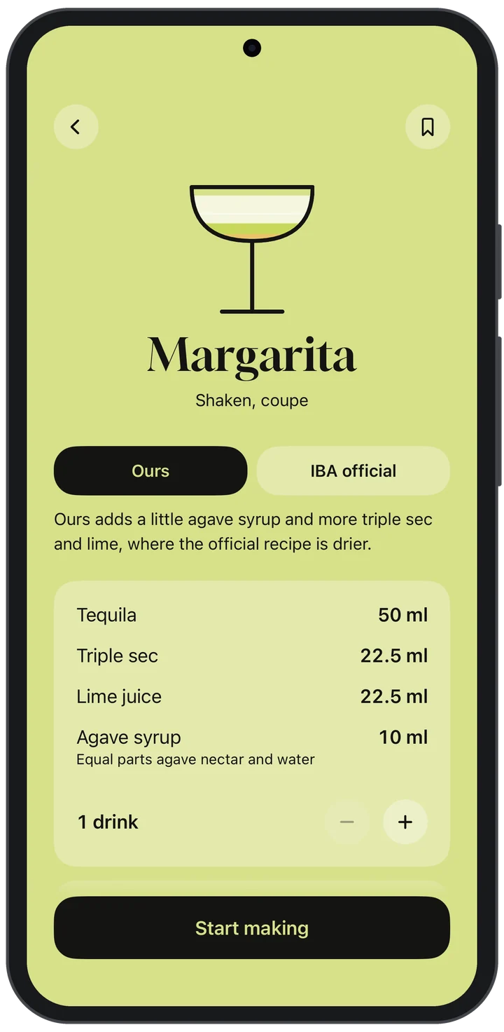 The Margarita, with a switch between our recipe and the official IBA recipe