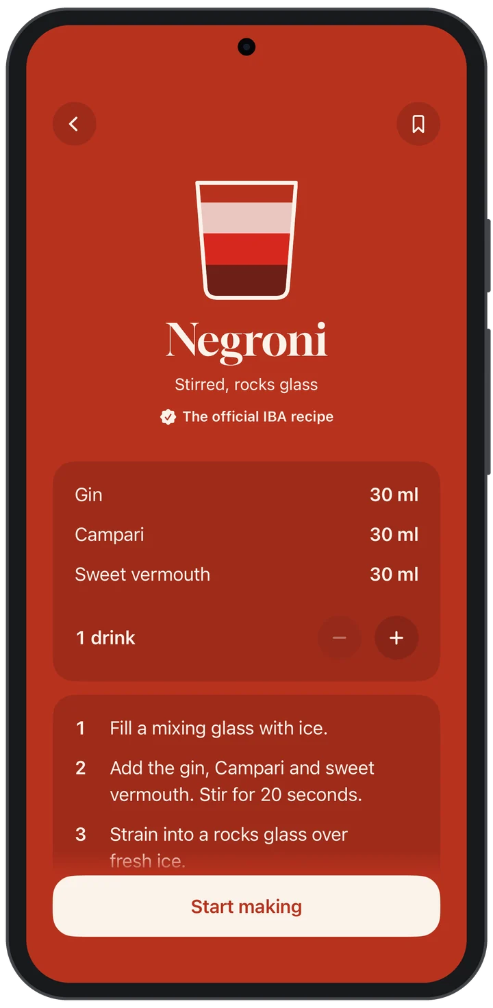 The Negroni: its glass in three equal bands, the pours and the steps