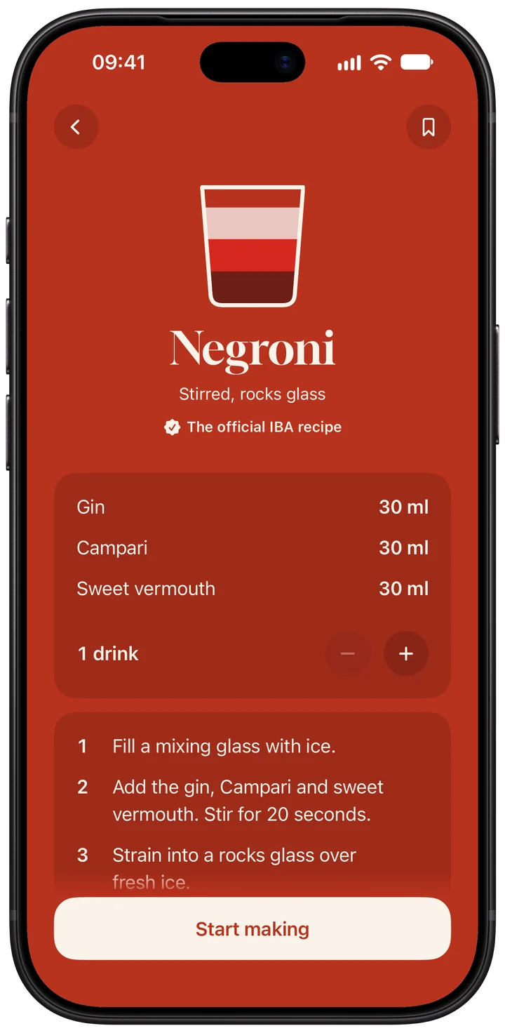 The Negroni: its glass in three equal bands, the pours and the steps