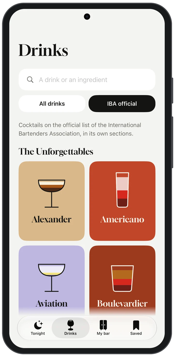 Dry Shake on an Android phone, showing the drinks on the official IBA list