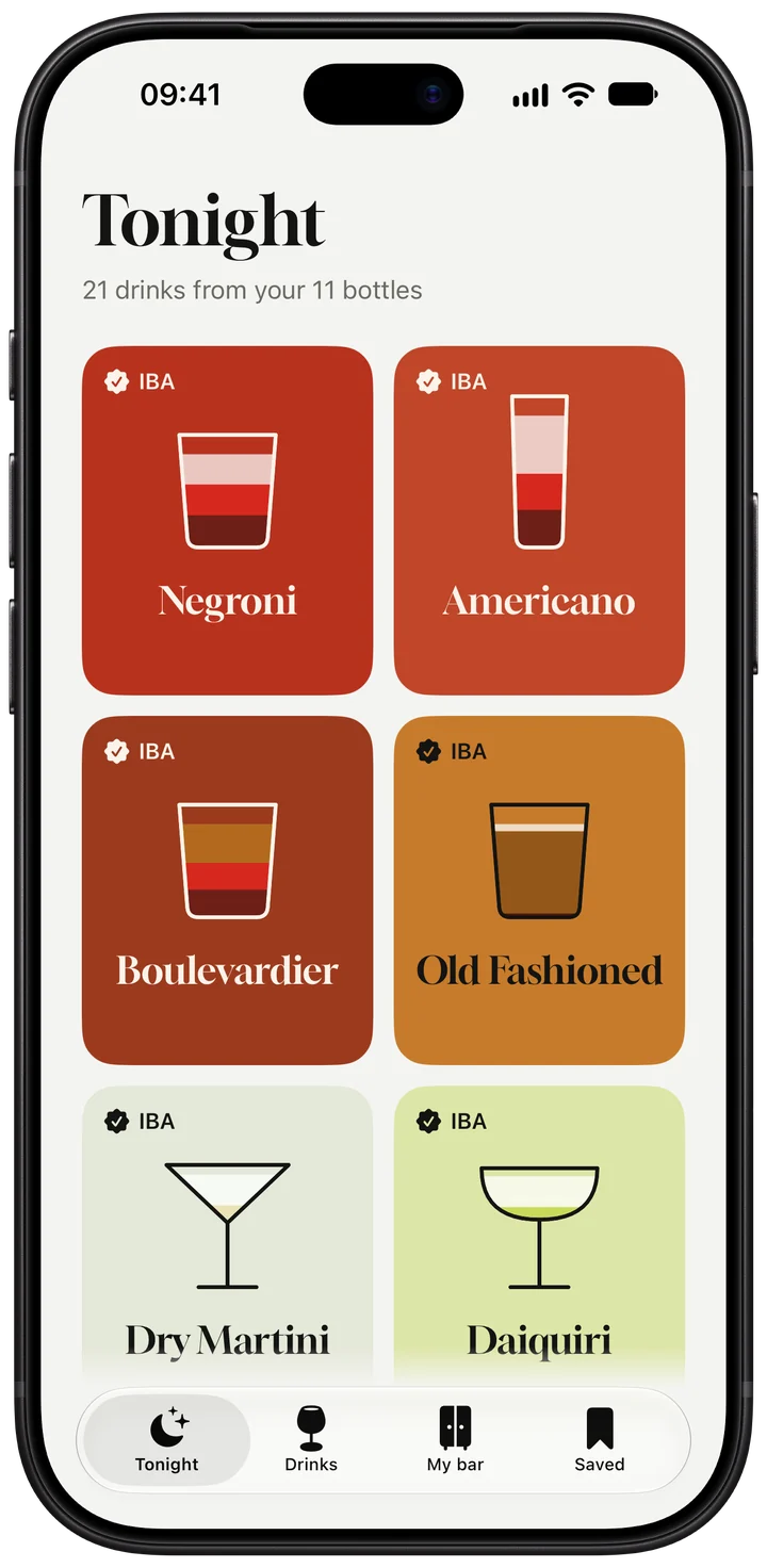 Dry Shake on an iPhone, showing the drinks a bar can make tonight